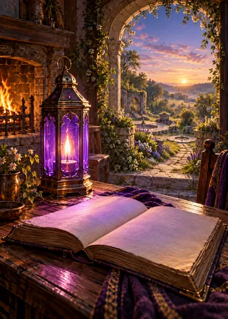 A violet lantern lights the blank pages of a weathered book beside a hearth.