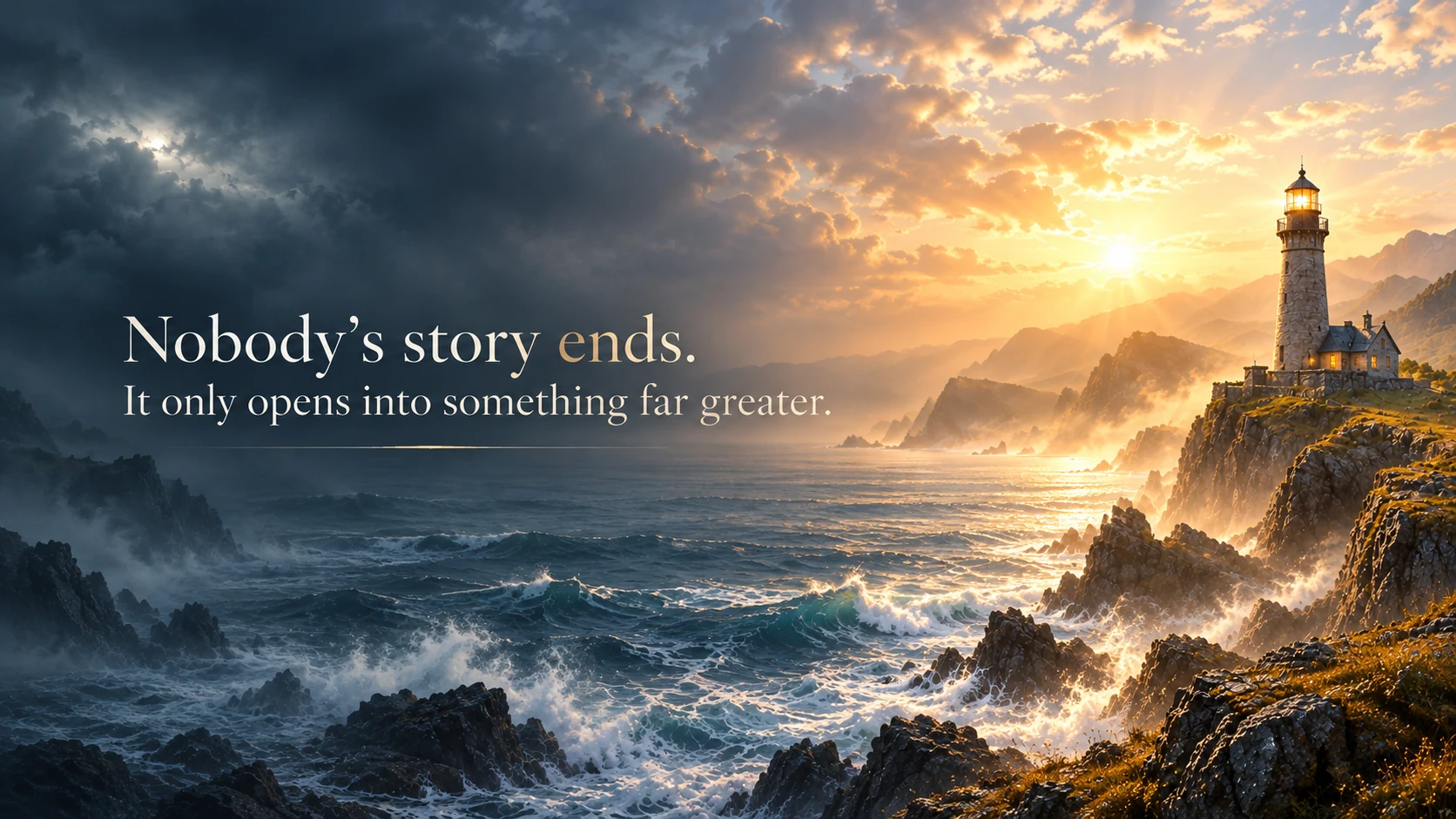 Storm-clouded coast opening into sunlight beside a lighthouse; Nobody’s story ends. It only opens into something far greater.